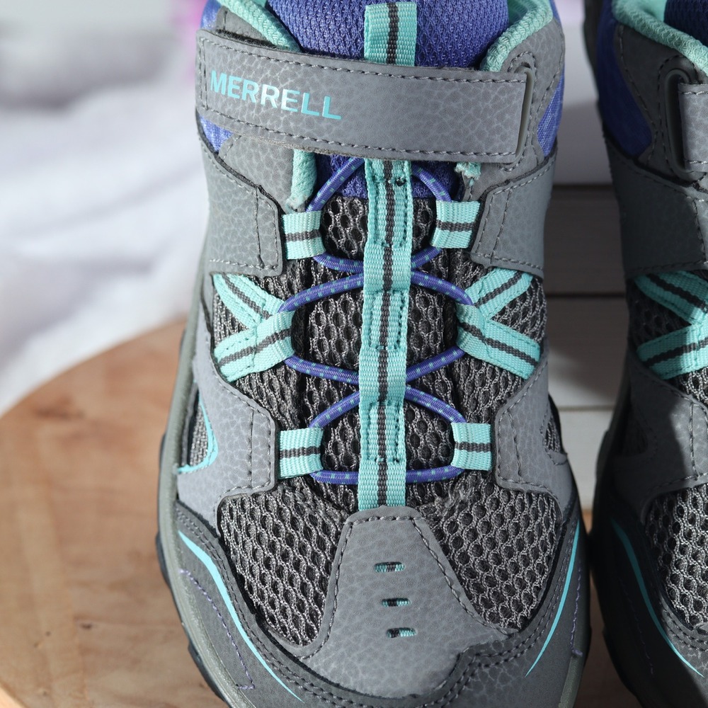Merrell Kids Grey Purple Teal Hiking Shoes Bungee Strap Sneakers Trail Shoes